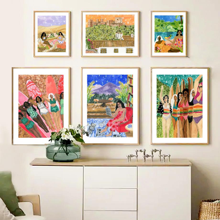 

Boho Girl Morrocan Picnic Surfers Reading Wall Art Холст Картина Плакаты на скандинавскую тему и принты Настенные картины для декора гостиной