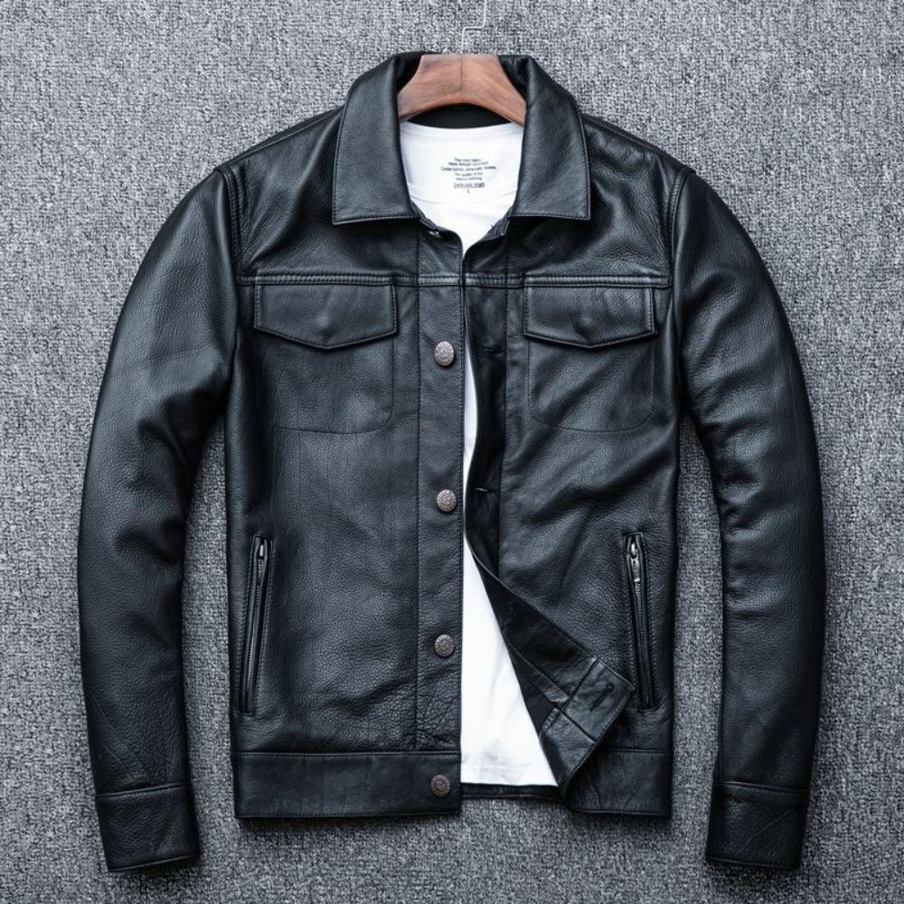 Spring First Layer Cowhide Locomotive Retro Leather Jacket Men's Lapel Leather Jacket
