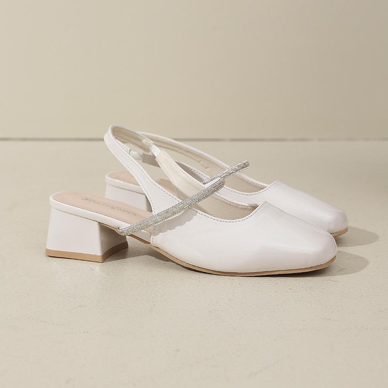 One word with bag head sandals women's thick heel summer 2025 new middle heel square head empty single shoes versatile high heels