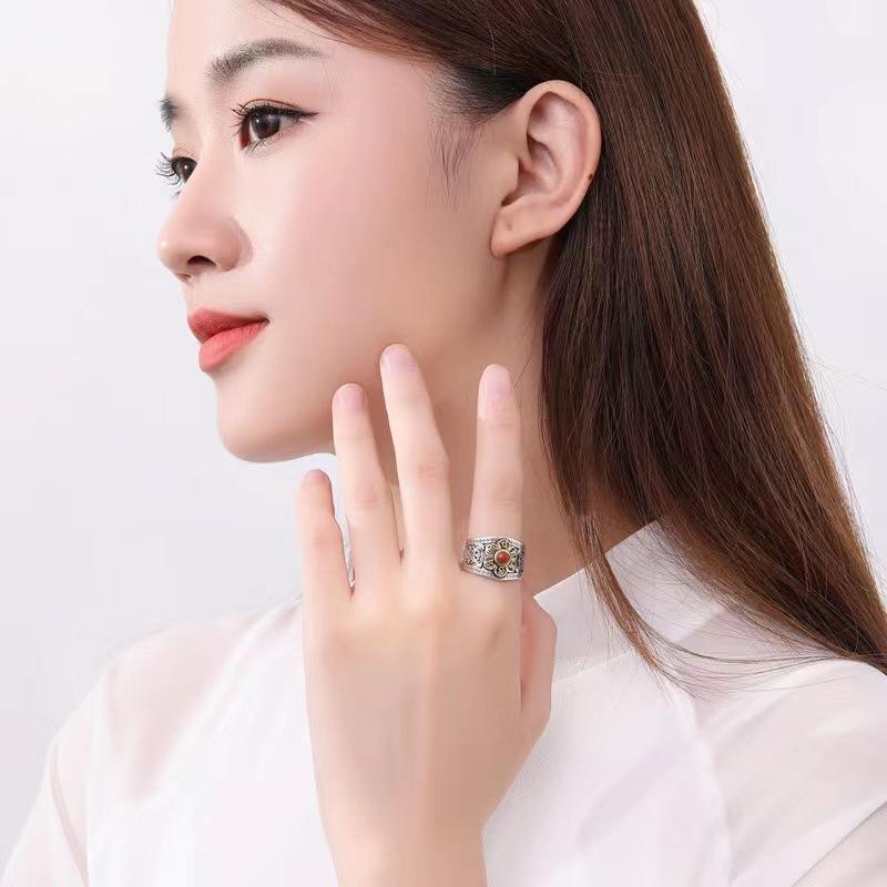 Buyee Copper Female Ring Natural Carnelian Open Ring For Women Fashion Ethnic Flower Fine Jewelry Circle Gift