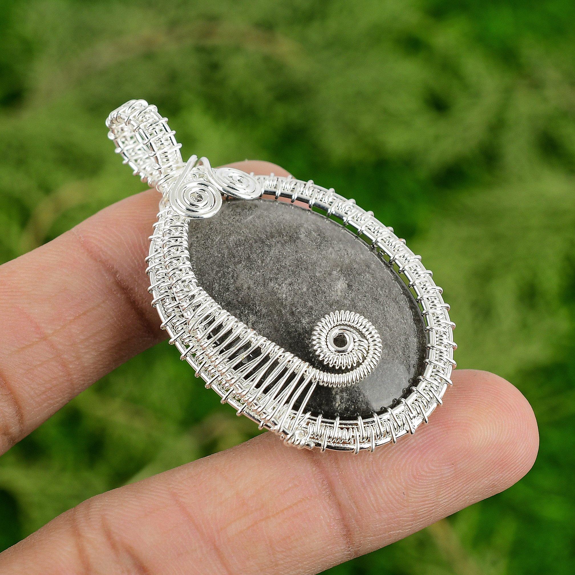 

Серебристый обсидиан драгоценный камень Новый кулон в стиле ар-деко из проволоки Ювелирное изделие Серебро 925 пробы