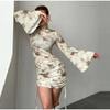 2025 Fashion Women Sexy Bodycon Bell Sleeve Dress Spring Summer New Elegant Slim Fit High Waist Printed Short Skirt
