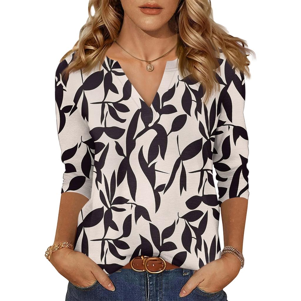 Women's Casual Fashion Sexy Comfortable V-Neck Floral Seven Sleeve Top