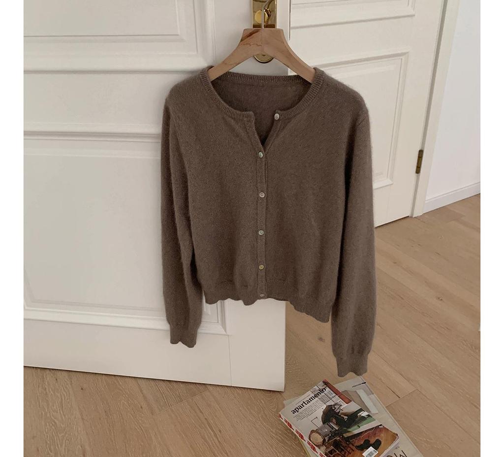 Women's Mustard Green Raccoon Fur Knit Cardigan - Soft, Fluffy Autumn Outerwear, Round Neck Sweater Coat for a Refined Look.