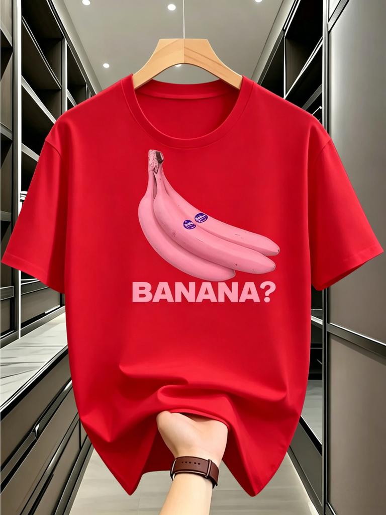 Unisex Navy Blue Tee Cute Pink Banana Fruit Letter Text Graphic Print Crew Neck Short Sleeve Summer Casual Male Cotton Street Top