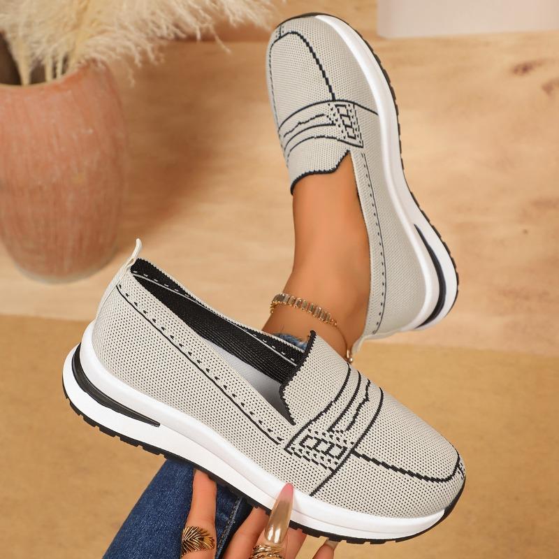 Fashion Mesh Knit Sneakers Autumn New Round Toe Colorblock Deep Mouth Soft Sole Anti-slip Wear-resistant Single Shoes
