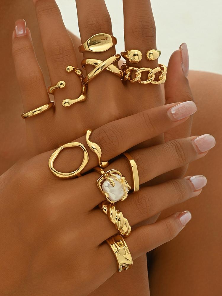 

12Pcs Gold Color Lava Texture Ring Set For Women Chunky Statement Irregular Heart Teardrop Stackable Rings Minimalist Jewelry