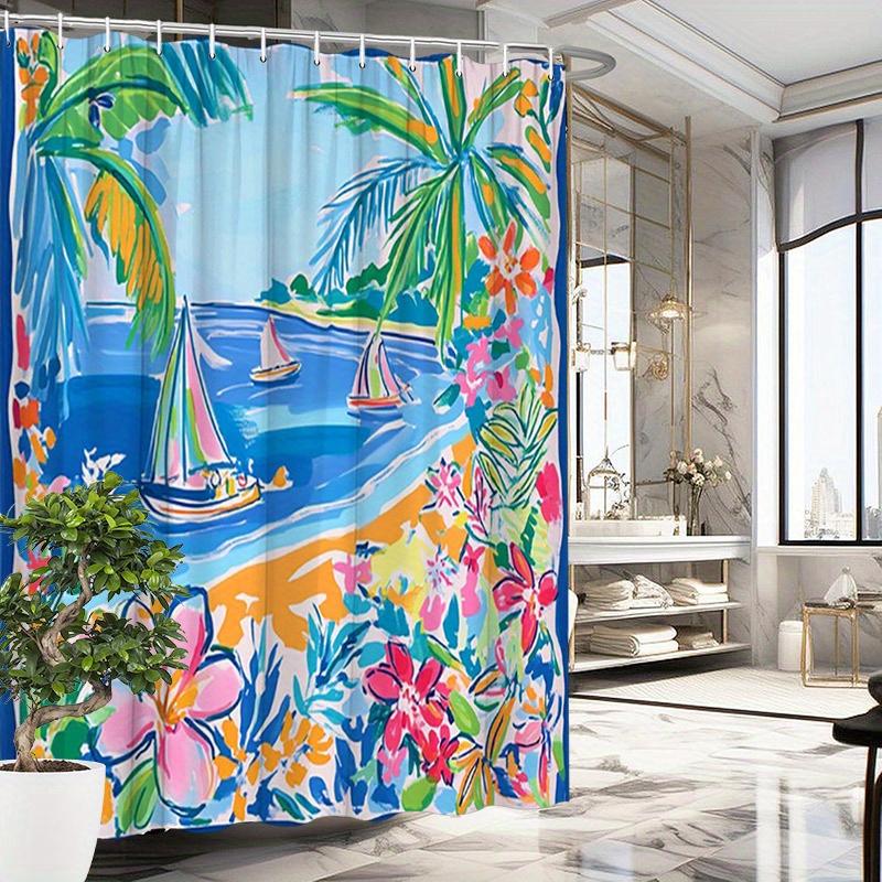 1pc Tropical Beach Shower Curtain with Vibrant Hibiscus Flowers, Palm Trees & Sailboats - Relaxing Ocean Scene Polyester Bathr 90x180cm