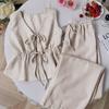 Women's Casual Sweet Set Summer Solid Color Striped Vest and Loose Pants Set with Lace-Up Closure