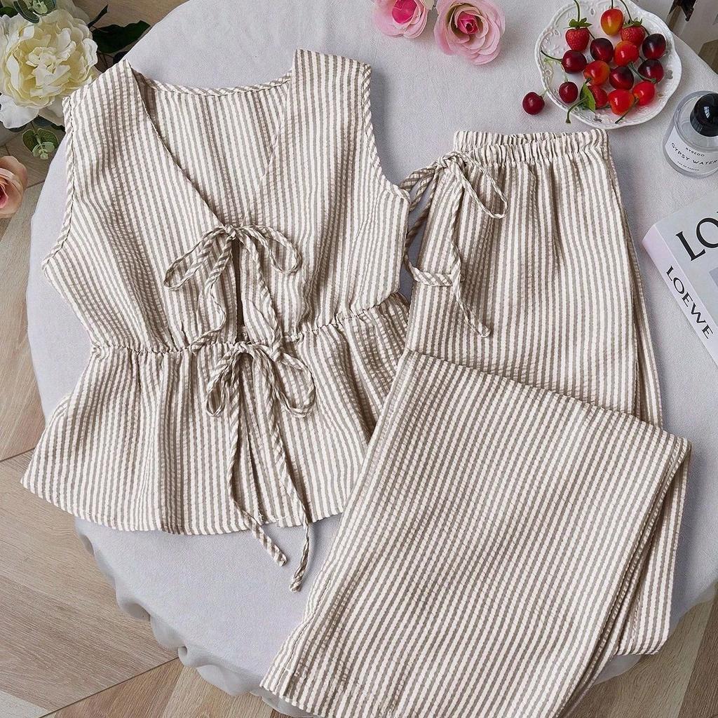 Women's Casual Sweet Set Summer Solid Color Striped Vest and Loose Pants Set with Lace-Up Closure