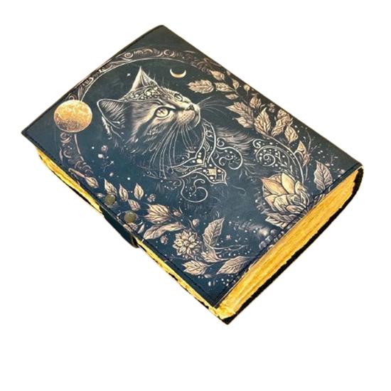 Handmade Black Cat Leather Journal | 5x7" Mystic Notebook | 200 Deckle Edge Pages | Moon & Floral Design Diary with Lock | Vintage Witchy Writing Book