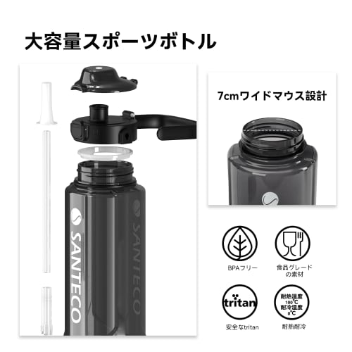SANTECO Water Bottle, 1500ml/2000ml, BPA-Free, Ultra-Lightweight, Portable, Stylish, Easy to Clean, with Carry Handle, Perfect for Sports (Carbon Blac