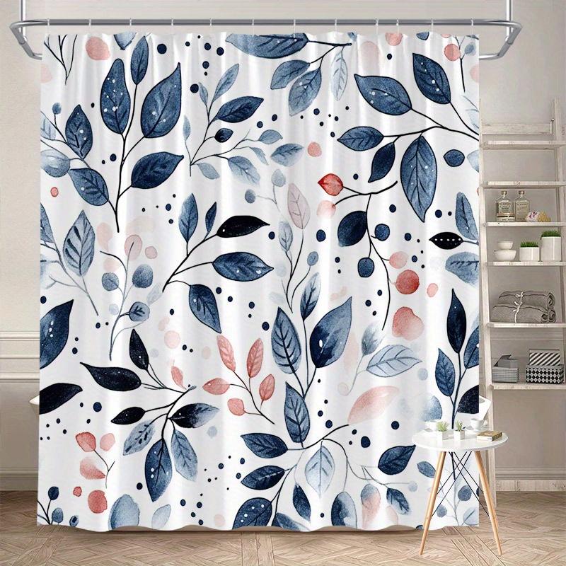 

Navy blue shower curtain with blush leaf pattern, polyester fabric, machine washable, with hooks, suitable for bathroom décor. 90X180cm