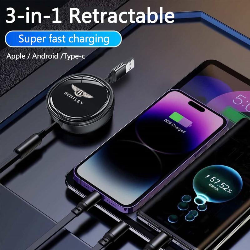 3-in-1 Tragbares Einziehbares Schnelllade-Datenkabel für Neue Bentley Flying Spur Continental GT Bentayga Mulsanne Zubehör