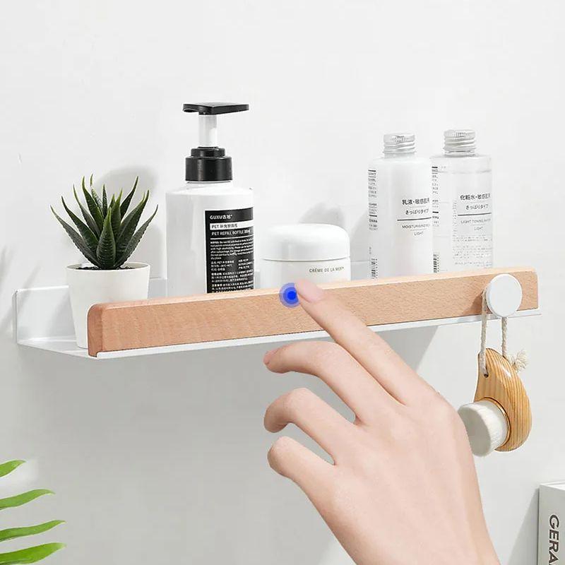 White Aluminum Bathroom Shelf Solid Wood Shower Storage Shelf Wall-mounted Toilet Shower Holder Rack Bathroom Accessories