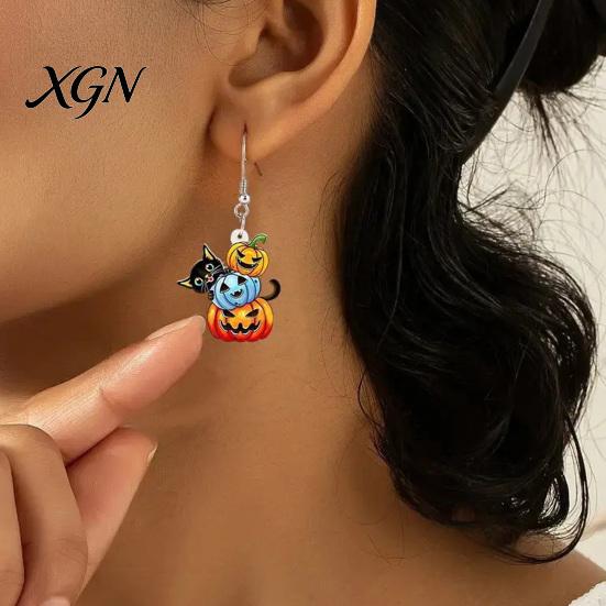 Fun Autumn Seasonal Jewelry 1 Pair Halloween Drop Dangle Earrings for Women, Acrylic Pumpkin Hypoallergenic Sensitive Ears Black Cat Earrings, Holiday