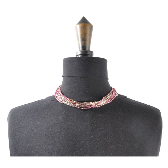 Collier 10 rangs Argenté et rose