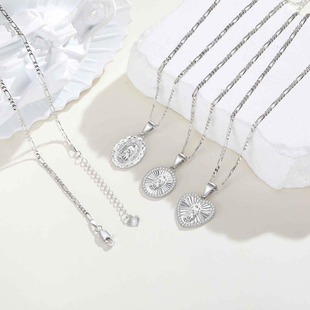 Cubic Zirconia Virgin Mary Pendant Necklace For Women, Oval Heart Stainless Steel Figaro Chain, Catholic Religious Jewelry