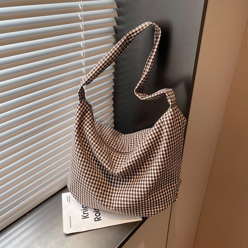 

Women s Versatile Plaid Canvas Tote Bag - Retro Casual Shoulder & Underarm Style for Commute & Shopping хакі