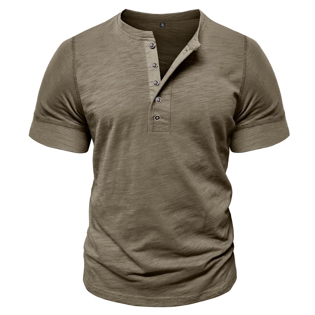 Men’s T-shirts Henley Collar Short Sleeves Cotton Polo Shirts Solid Color Casual Tops
