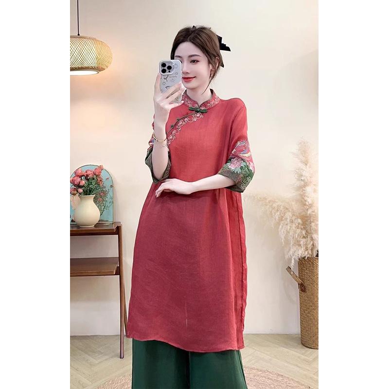 

Ощущение нового национального стиля, рукава три четверти, короткие рукава, топы средней длины из хлопка и льна, новые летние модели, универсальная вышивка 4XL красный