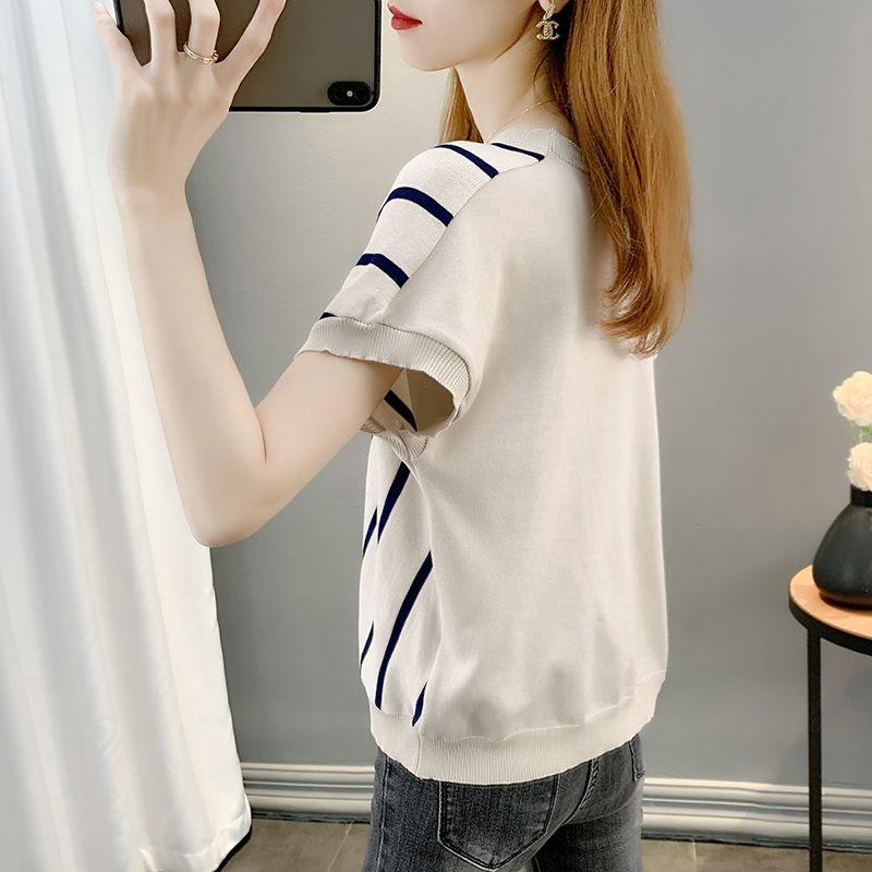 Korean Style Summer V Neck Loose Bat Sleeve Striped Ice Silk T Shirt Women Casual Thin Knit Top