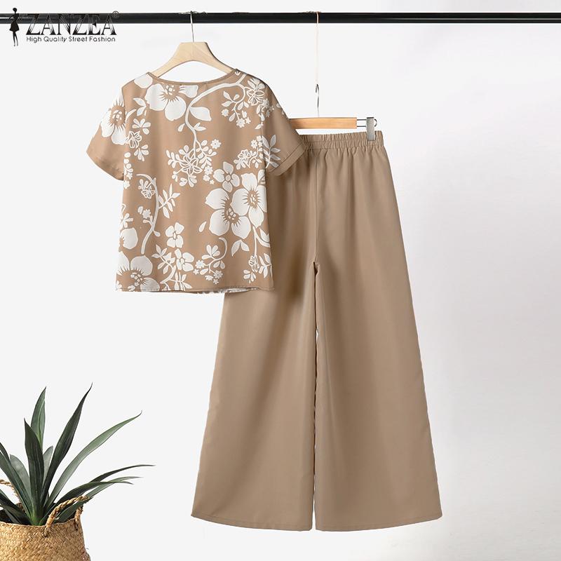 ZANZEA Women Vintage Elastic Waist Printed V-Neck Short-Sleeved Tops Pants Two Piece Sets