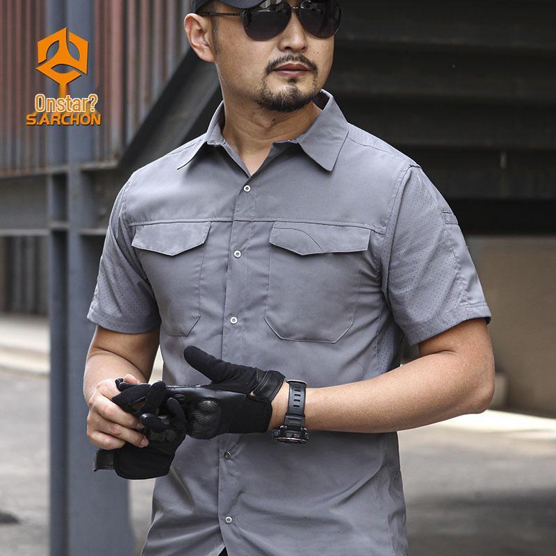 Angken Men's Breathable Tactical Quick-Dry Shirt - Short Sleeve, Lapel, Casual Outdoor Workwear