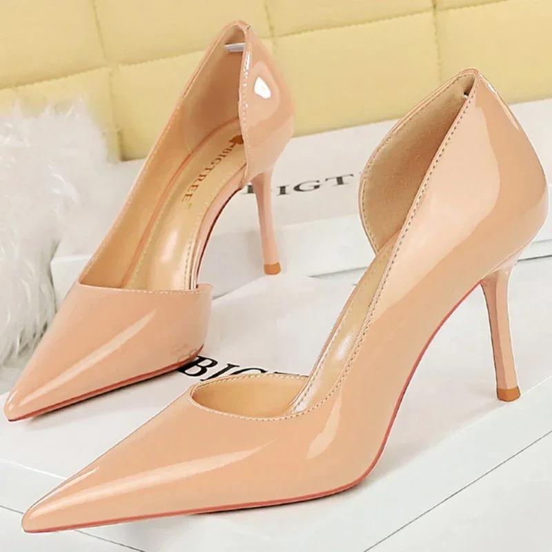 

New Western Style Simplicity Pointed Toe Women 8cm Thin High Heels 2024 Patent Leather Pumps Lady Fashion Red Daily Office Shoes 39 телесный