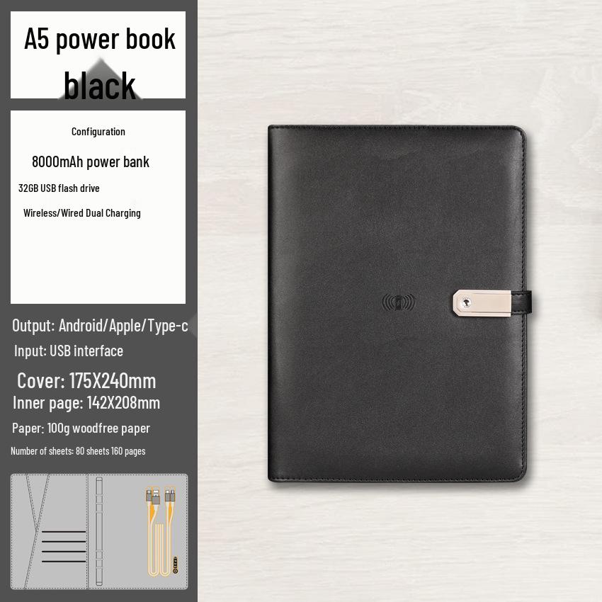 A5 Multi-Function Notebook Gift Set with USB & Wireless Charger - Customizable Logo Option