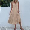 Sleeveless Women's Dress Casual Flowy A-Line Midi Tshirt Dresses With Pockets Crewneck Vocation Boho Beach Sundress