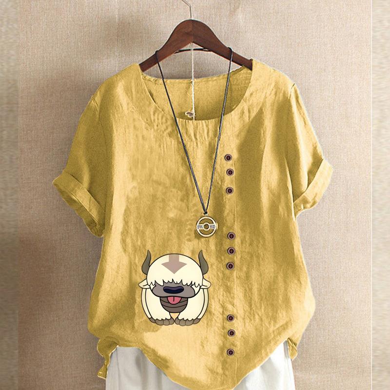 Damenmode Cartoon-Figuren bedrucktes T-Shirt mit Rundhalsausschnitt und kurzen Ärmeln, lässiges Baumwoll-Leinen-Grafikhemd, Freizeit, lockere Sommerbluse