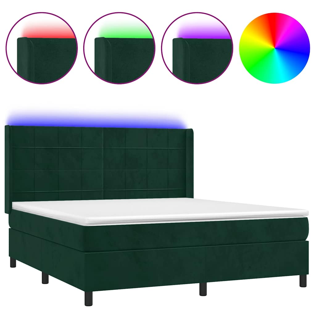 Box Spring Bed with Mattress & LED Lights Dark Green 160x200 cm Velvet