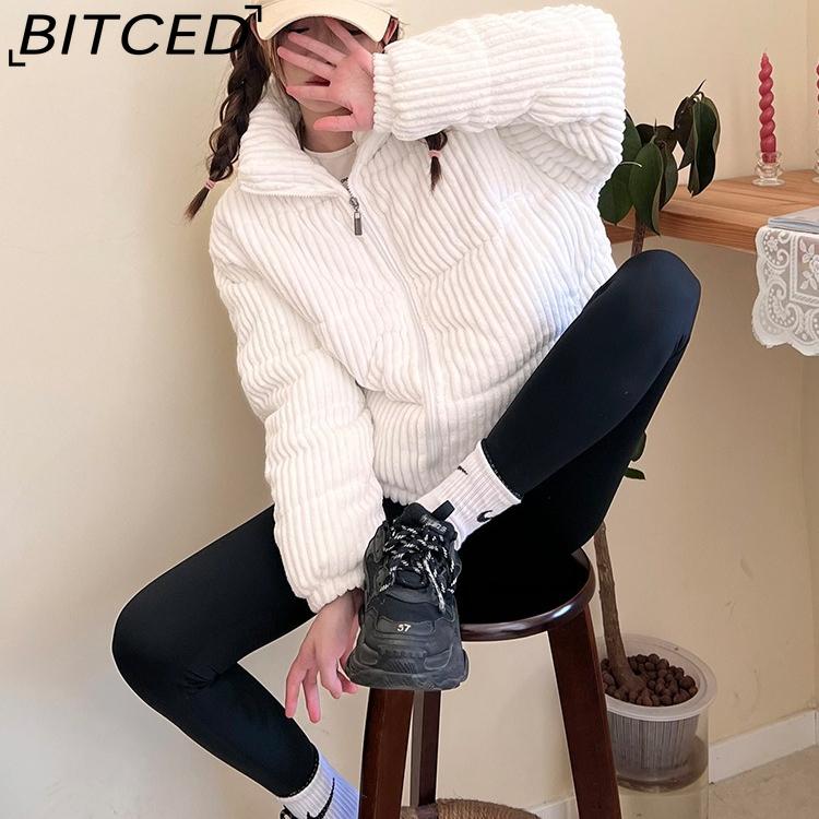 BITCED Winter Women's Stand Collar Short Corduroy Quilted Down Jacket Loose-Fit Lightweight Cotton-Padding Coat