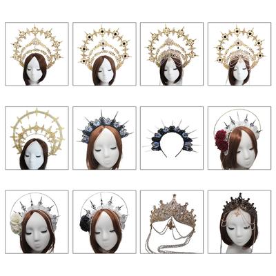 Lolita Spike Halo Crown for Women Gothic Embossed Tiara Vintage Beaded Chain Rose Headwear DIY Material Package