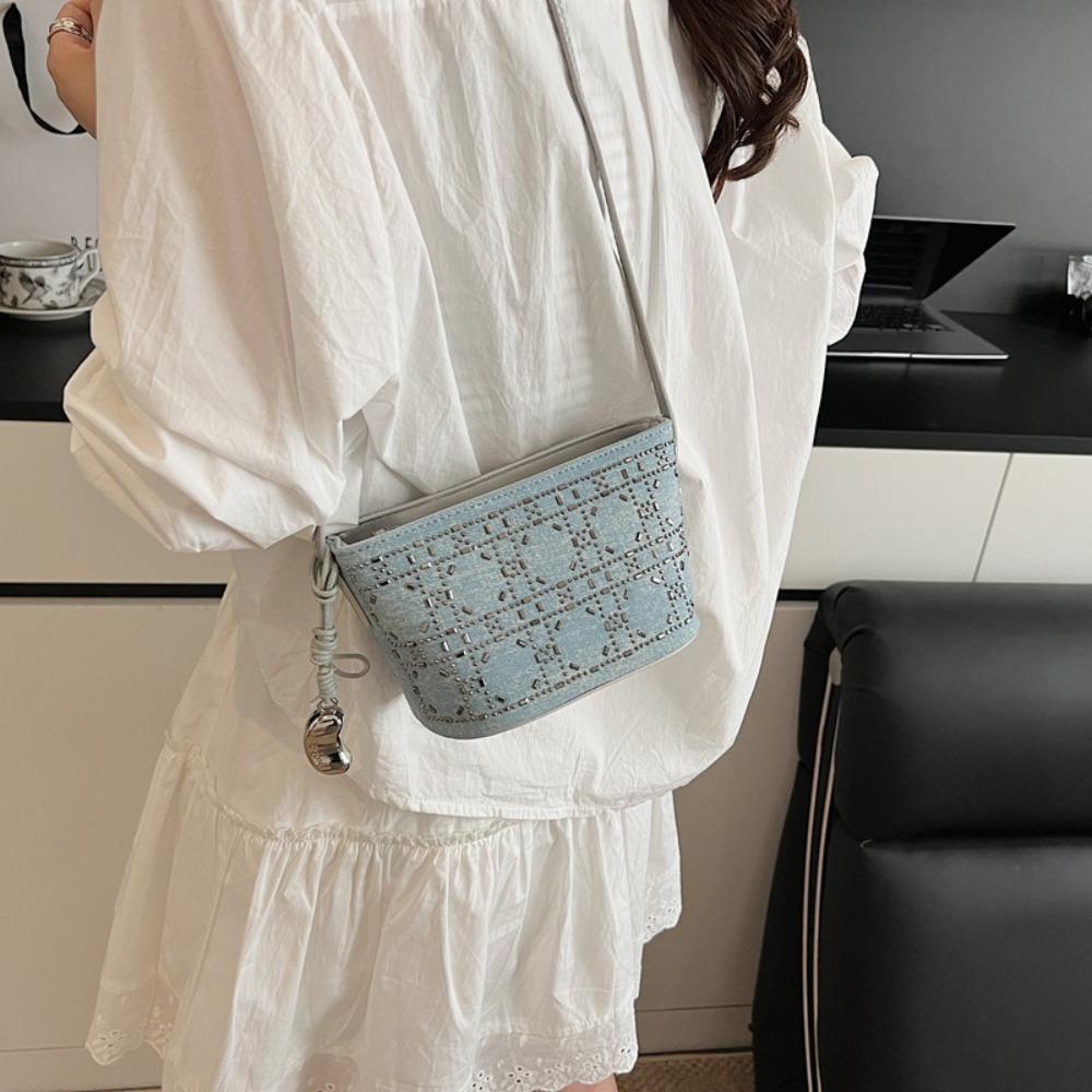 Light Luxury Sequined Small Bag Women's Shoulder Bucket Bag Denim Blue Chain Messenger Bag
