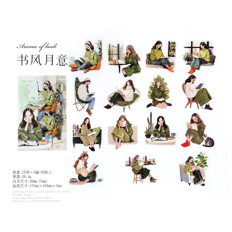 1pack/30pcs Reading girl Stickers aesthetic Stick DIY Handmade Album Scrapbooking Decorative Paper Supplies