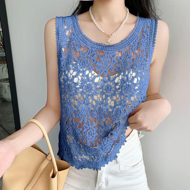 Chaleco de ganchillo de punto hueco para el verano de mujer con nuevo top de tirantes suelto bohemio sin mangas