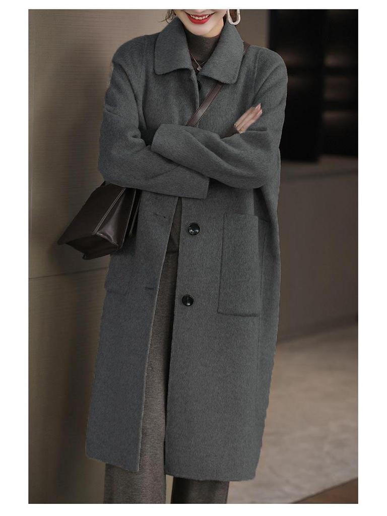 Cappotto di Lana Stile Hepburn Coreano - Grigio, Lunghezza Media, Vestibilità Slim, Soprabito Largo per Autunno/Inverno.