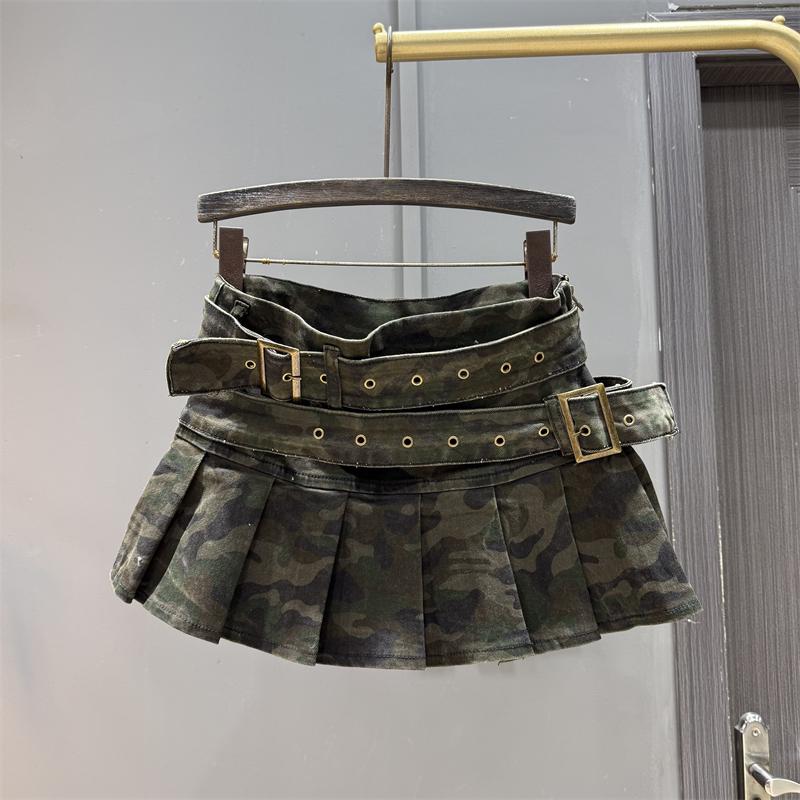 American retro camouflage tooling skirt women s summer new high-waisted and thin Spice Girl high-end foreign pleated skirt S