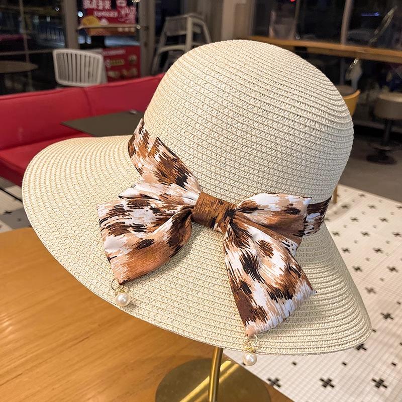 Straw Hat Lady Summer New Bow Streamer Fisherman Hat Fashion Versatile Wide Brim Sun Hat