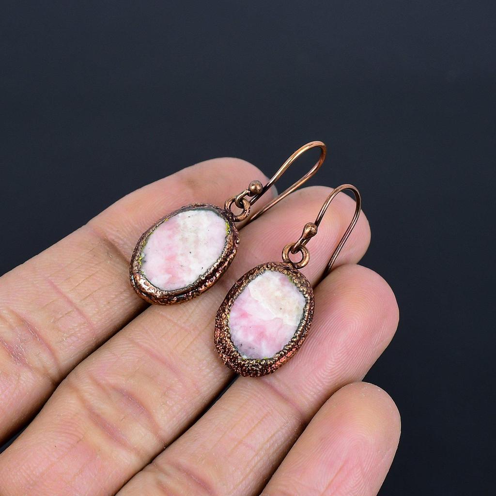 Rhodochrosite Copper Electroformed Earrings, Handmade Gemstone Jewelry Earrings For Memorial Day