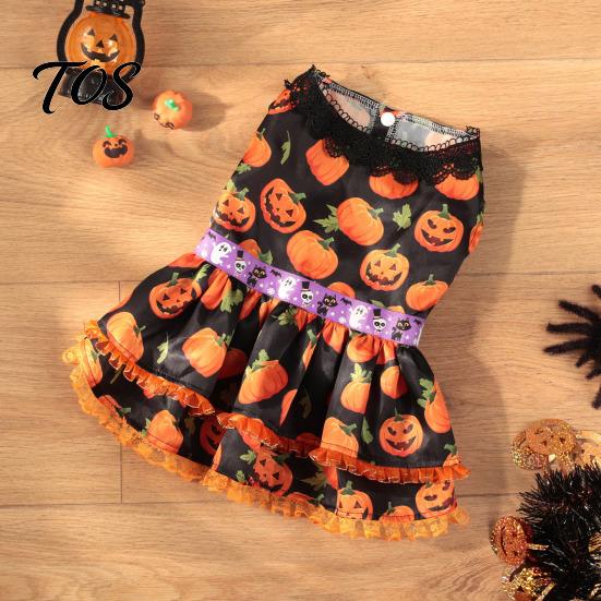 Soft Dog Clothing Halloween Pumpkin Dress, Black Lace Neck Outfit, Ruffled Festive Costume Autumn Pet Party for Small Dogs Holiday Dress