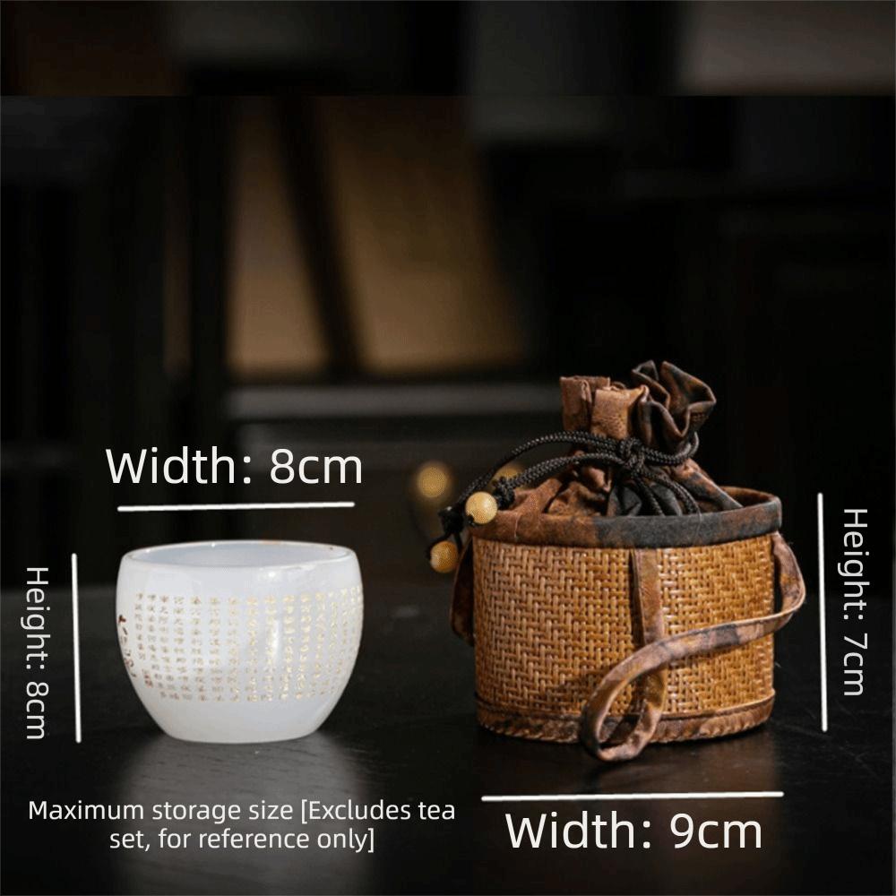 Handmade Spliced Drawstring Pocket with Handle Teapot Bag Rattan Pattern Storage Bag  For Small Cup