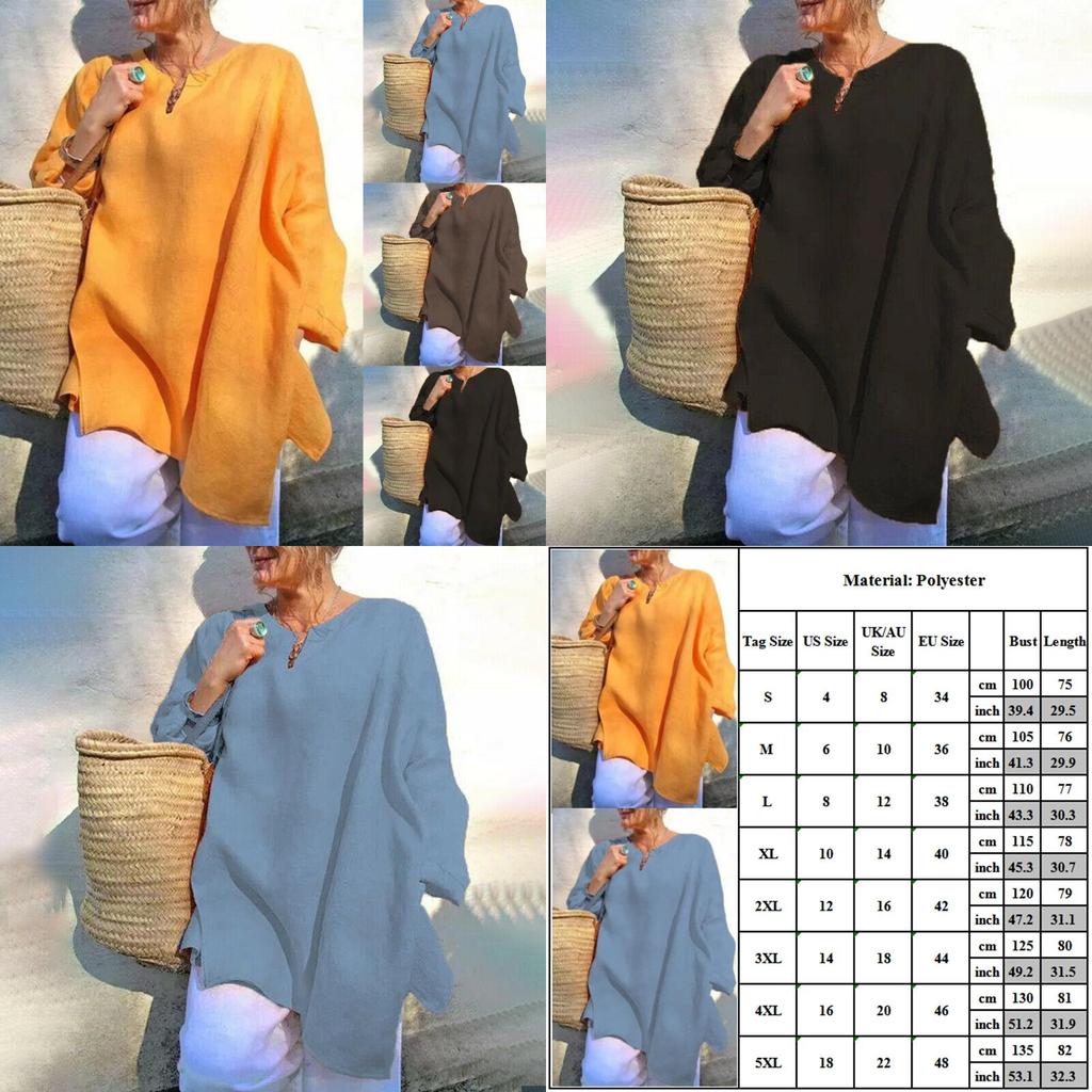 Plus Size Womens Casual Baggy Long Sleeve T-shirt Breathable Summer Beach Tunic Blouse Tops For Everyday Wear
