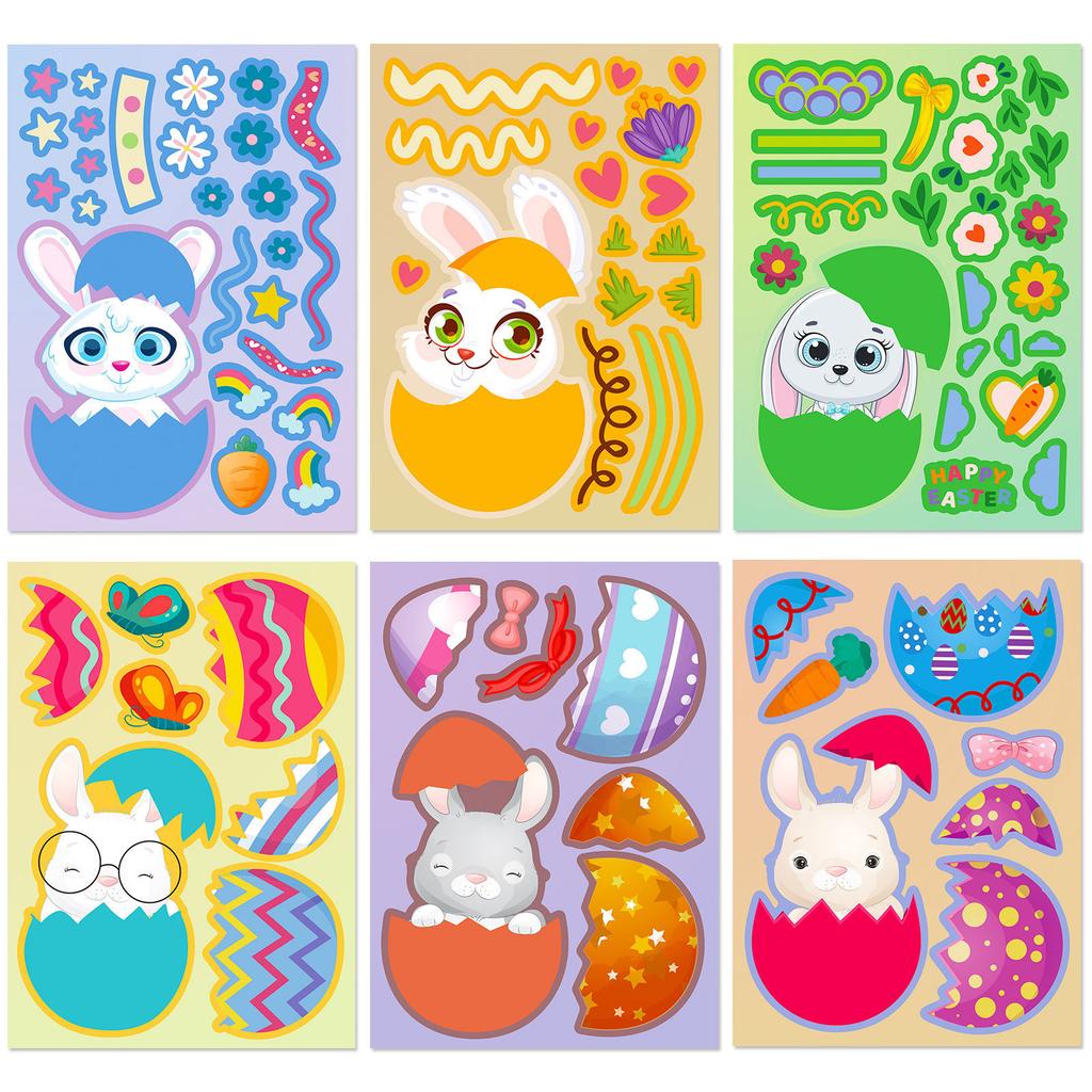 6 Pictures/pack Easter Cartoon Rabbit Easter Egg Stickers EasterDay Easter Egg Rabbit Children DIY Puzzle