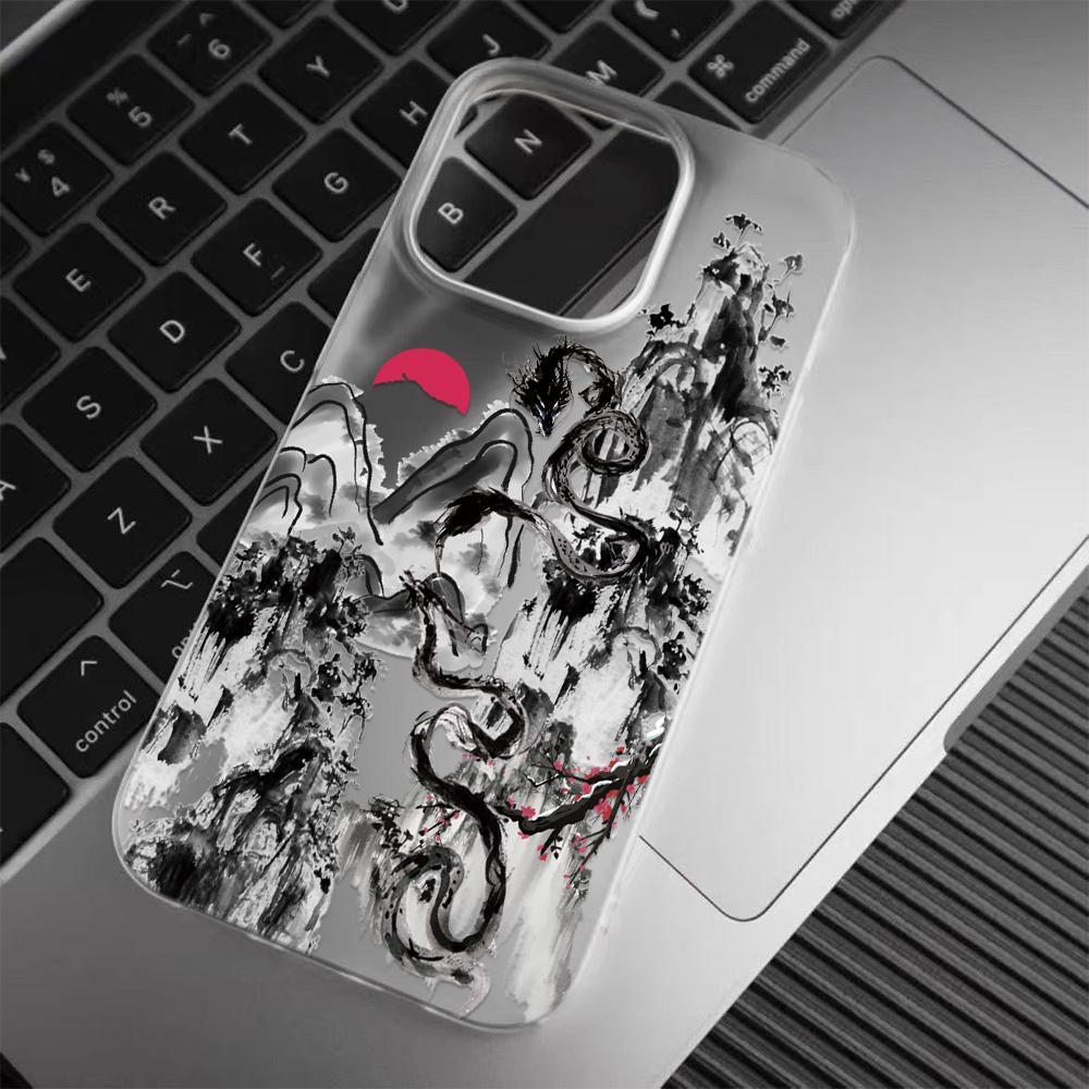 Elegante Inkt Draak Telefoonhoesje Helder Mat voor iPhone 17 16 15 14 Plus 13 12 11 Pro Max X XS Beschermende Krasbestendige Hoes