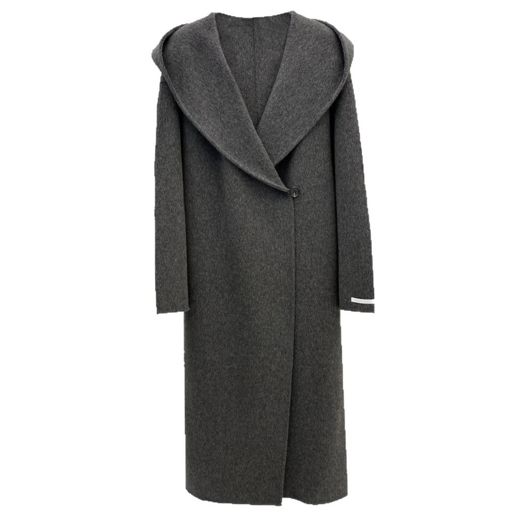 Hooded Lazy Loose Double-sided Wool Coat Lace-up Bathrobe Long Coat Autumn and Winter 25 New Women's Black and White Gray