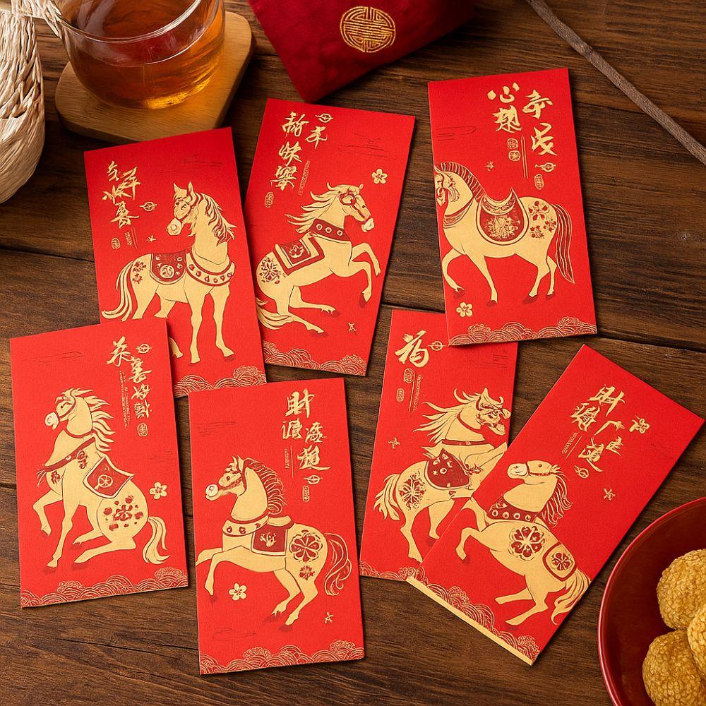 6pcs Gold Stamping 2026 New Year Red Envelope Paper Lucky Red Pocket Gift Bags  Spring Festival