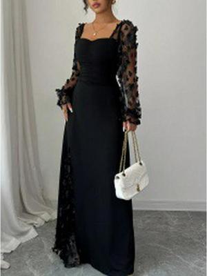 Elegant European & American Floral Lace Dress with Round Neck and Slit Train